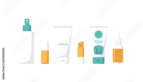 Obraz na płótnie Sunscreen and skincare products lineup featuring spray bottle, lip balm, sunblock tube, after-sun gel, and dropper bottle