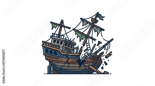 Obraz na plátne Old pirate ship wrecked and sinking illustration.