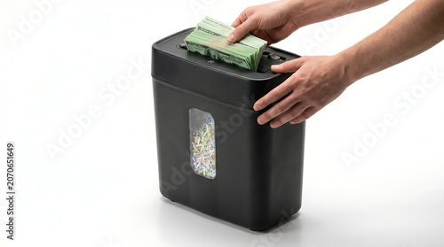 Hands inserting a stack of cash into a black paper shredder