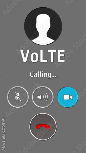 VoLTE incoming call screen animation with answer and decline buttons, mobile voice over LTE communication interface on dark tilted smartphone background.