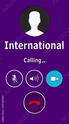 International incoming call screen animation with answer and decline buttons, global telecom connection alert on dark tilted smartphone background.