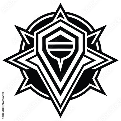 Black and white geometric star crest emblem symbol with geometric, monochrome