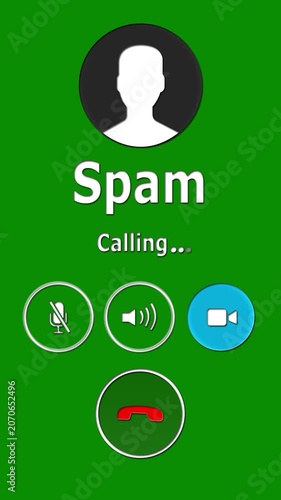 Incoming spam call alert screen animation with answer and decline buttons, unwanted caller warning mobile phone interface on dark background.