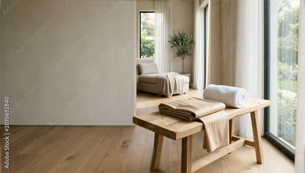 Fototapeta premium Serene morning light embraces a peaceful minimalist living space designed for ultimate comfort and calm