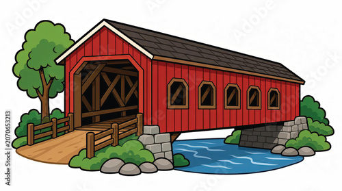 Red Covered Bridge Over Waterway Structure.