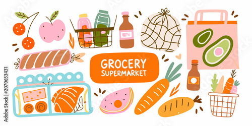 Grocery supermarket illustration with fruits vegetables and food packaging