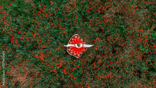 Fotografía Aerial View of Woman Dancing in Traditional Moldovan Ia Dress Among Wild Poppies