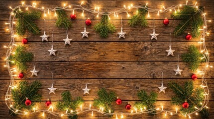 Christmas background with fir branches, ornaments and fairy lights