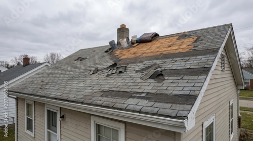 Damaged residential roof with missing asphalt shingles and exposed plywood sheathing requiring urgent repair and home maintenance services