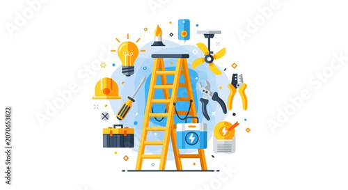 Professional Electrician Tools and Equipment Illustration Featuring a Stepladder, Light Bulb, Hard Hat, and Pliers for Home Repair, Maintenance, and Construction Services.