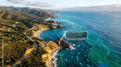 Aerial view of coastal landscape with digital data overlay and futuristic interface elements.