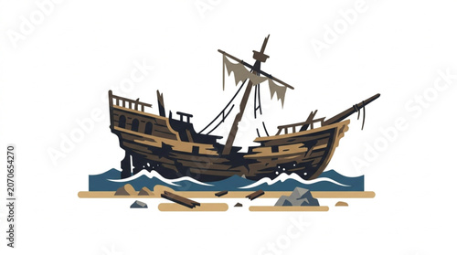 Quadro su tela Old wooden shipwreck stranded on a sandy beach with waves crashing