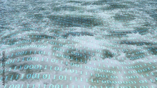 wavy binary code animation over real slow motion flowing wild water, motion graphics overlay concept for digitization and tokenization of water resource