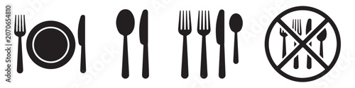Photos Plate with cutlery set and no food allowed sign icons collection on transparent background for signs