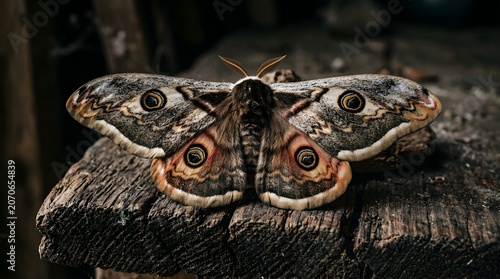 Large Emperor Moth resting on weathered wooden surface with wings spread wide.
