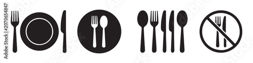 Culinary symbols set with plate cutlery and prohibited eating sign icons for restaurant information.