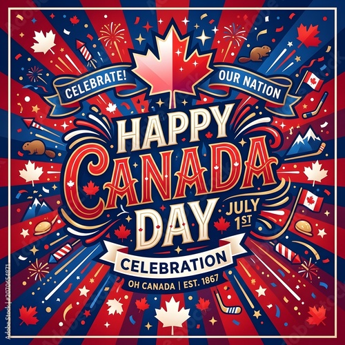 Happy Canada Day Celebration with Maple Leaves and Fireworks