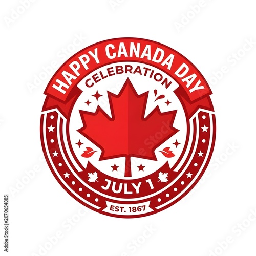 Happy Canada Day Celebration Emblem with Maple Leaf and Stars