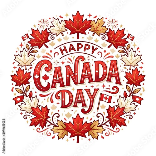 Happy Canada Day lettering with maple leaves and flags