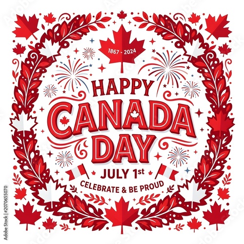Happy Canada Day Celebration with Maple Leaves and Fireworks