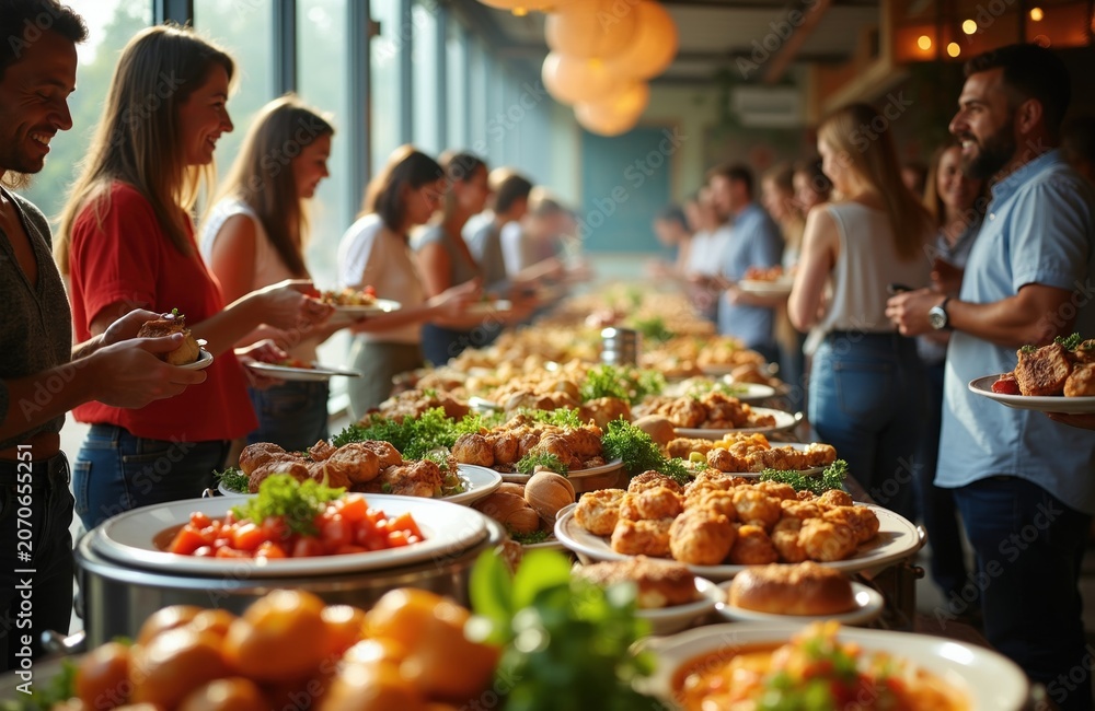 Naklejka premium People gather at a long table filled with food. Guests select dishes from a vibrant buffet during a social event or party. Diverse group enjoys meal together.