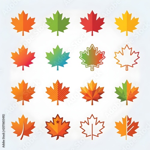 Set of Stylized Maple Leaves in Various Colors and Textures