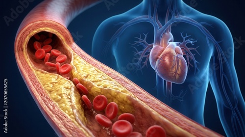 Cross section of a human artery with cholesterol plaque narrowing the blood vessel.