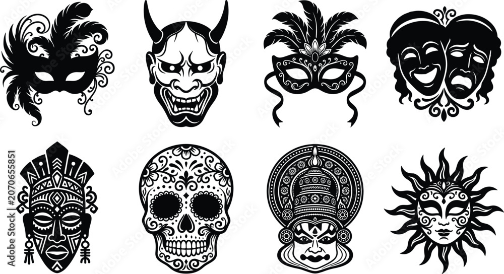Fototapeta premium Decorative Mask and Cultural Symbol Vector Collection with Ornamental Designs