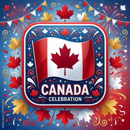Canada Celebration Illustration with Maple Leaves and Fireworks