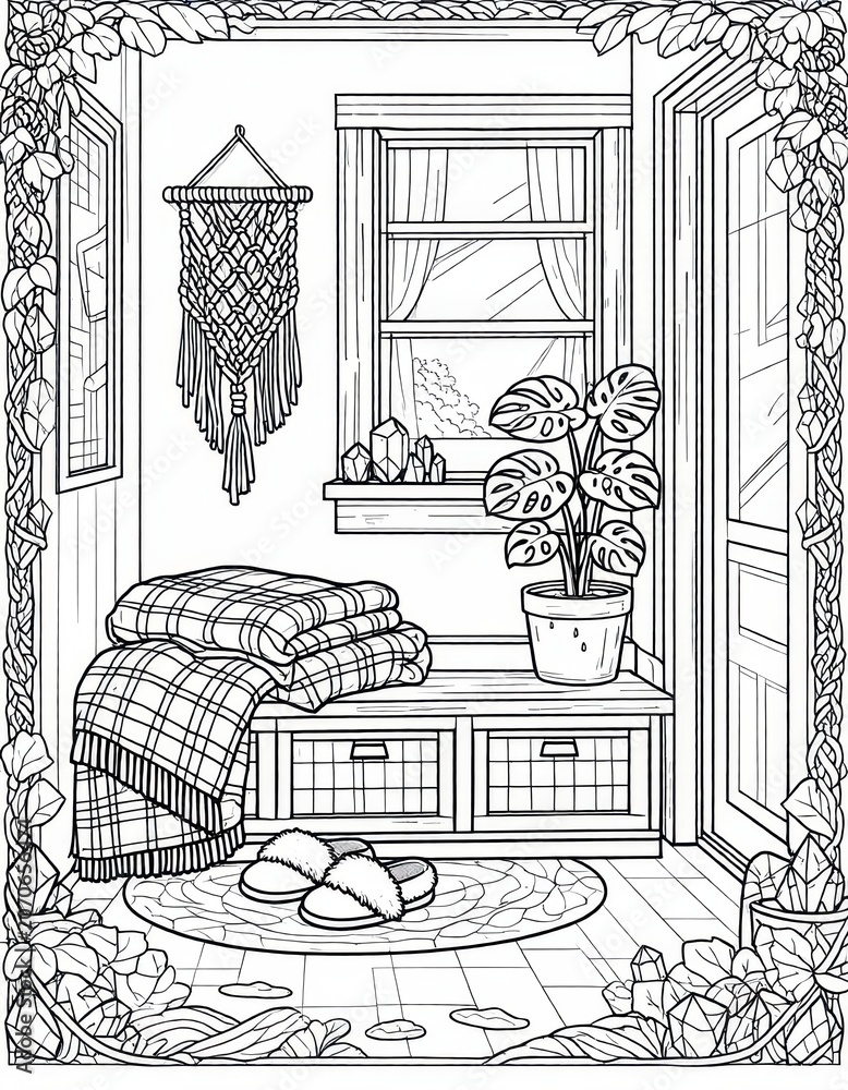 Fototapeta premium Cozy Windowsill Reading Corner with Plants and Blankets in Rustic Room
