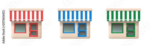 Shop 3D icons set. A store with a striped awning. Vector 3d clipart