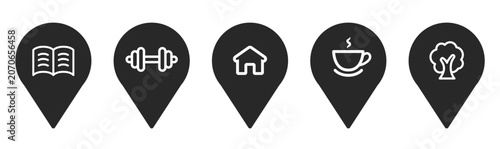 Map Pin icons set. Location markers for places and services. Black flat vector icons set. Hand drawn.