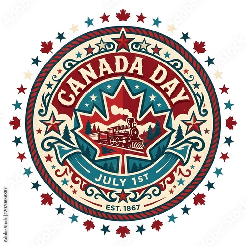 Canada Day emblem with maple leaf, train, and stars