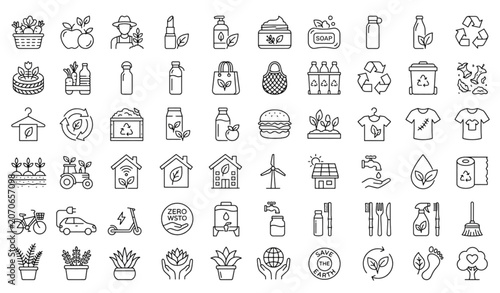 Eco Friendly Lifestyle Line Icons Set with Organic Food Sustainable Cosmetics Upcycling and Green Living Symbols