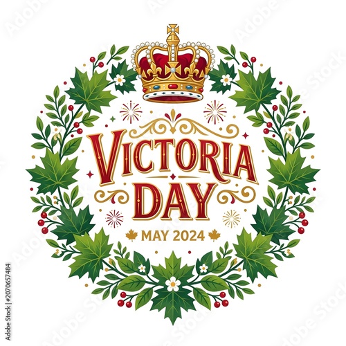 Victoria Day Celebration with Crown and Maple Leaves