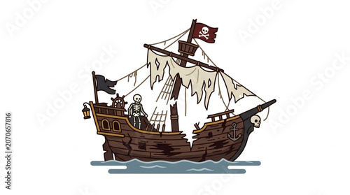 Fényképezés Pirate Ship Illustration with Jolly Roger Flag and Skeleton.