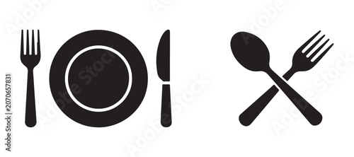 Dining set with fork plate knife and crossed spoon with fork simple black vector silhouettes.