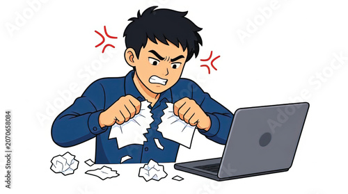 Frustrated man with laptop and paper.