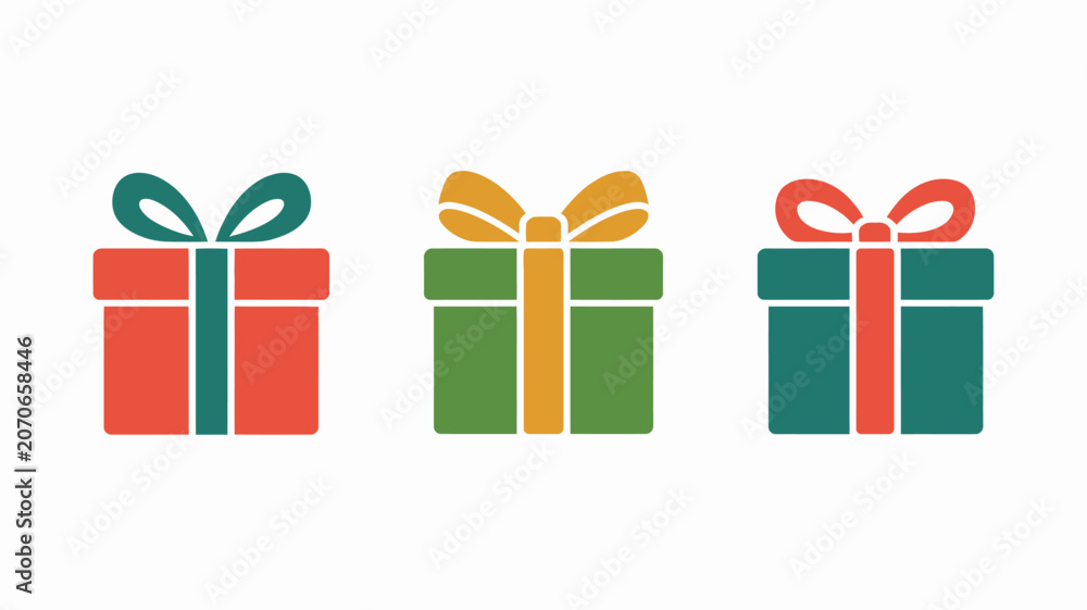 Fototapeta premium Three Gift Box Icons With Ribbons And Lids Display A Flat Colorful Design On A White Background present package