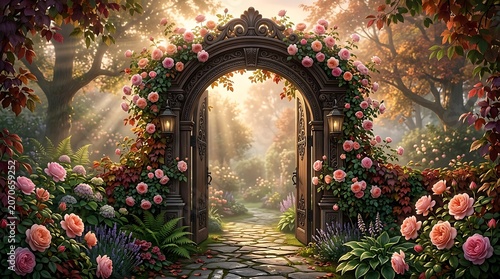 Enchanted Garden Stone Pathway Through Ornate Rose-Covered Archway in Autumn