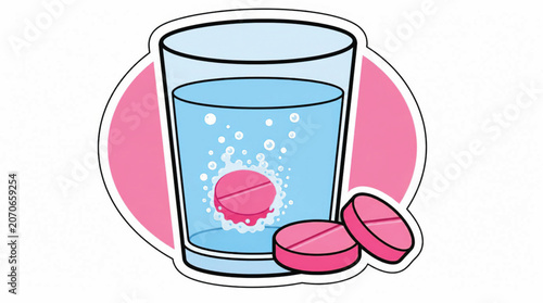Glass of water with pink pills.