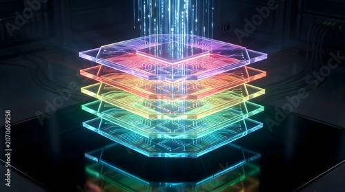 Hexagonal layered microchip processor with glowing neon circuits and digital data stream representing futuristic artificial intelligence hardware