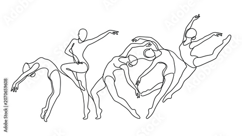 Continuous line drawing of dancing figures.