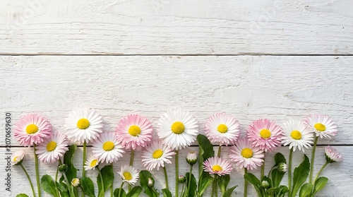 Fresh Daisy Flowers Aligned Against Rustic White Wooden Background