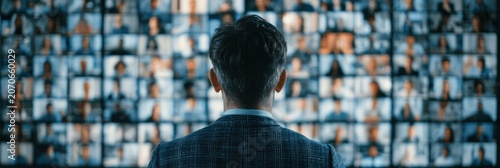 A man in a suit looks at a large digital screen wall filled with numerous small video call participants in a virtual meeting or conference setting.