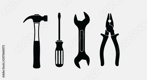 Bilde på lerret Set of black silhouette icons representing essential construction and repair hand tools