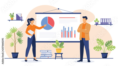 business data analytics flat vector illustration with professionals presenting financial dashboard, charts, reports and performance analysis