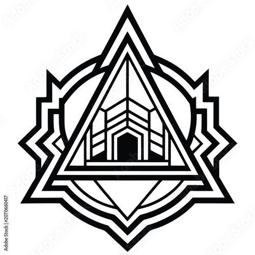Abstract architectural pyramid structure in geometric triangle frame