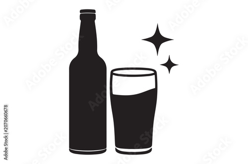 Bottle and glass silhouette with sparkle effects on white background
