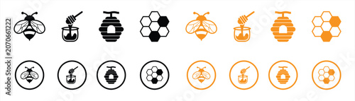 Honeybee Beekeeping Icons Set Collection. with Bee Honey Jar Beehive Honeycomb Organic Honey Production Symbols Vector Illustration